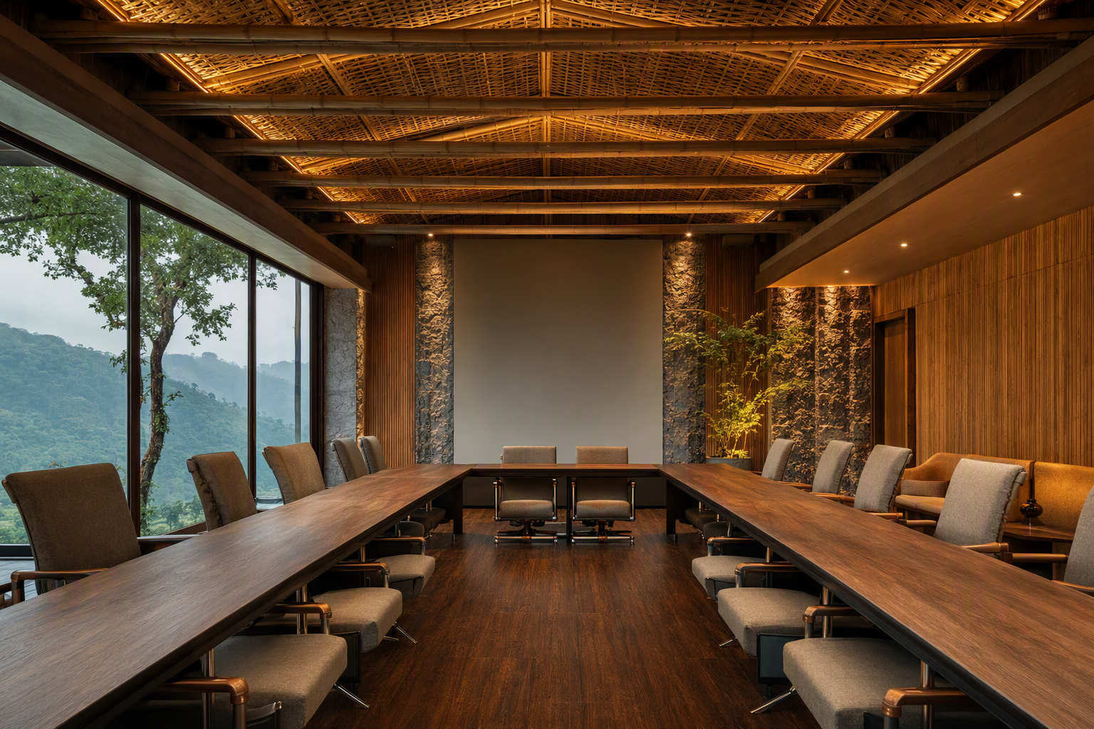 Illustrative conference room with a long table, presentation screen and forest views