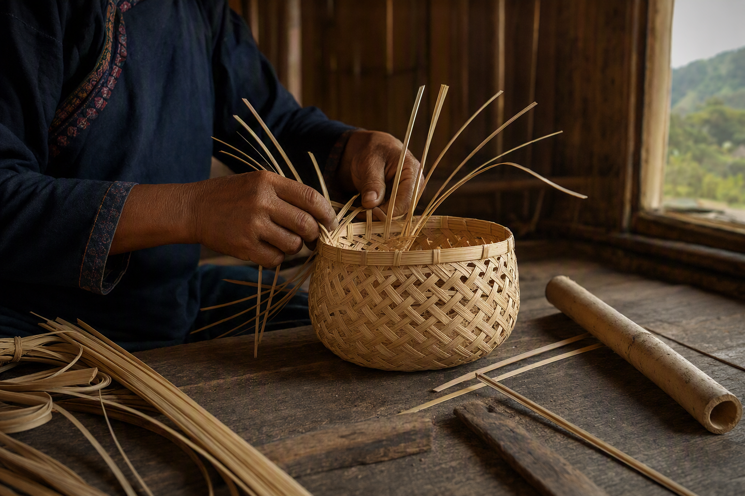 Hands respectfully demonstrating intricate bamboo craft