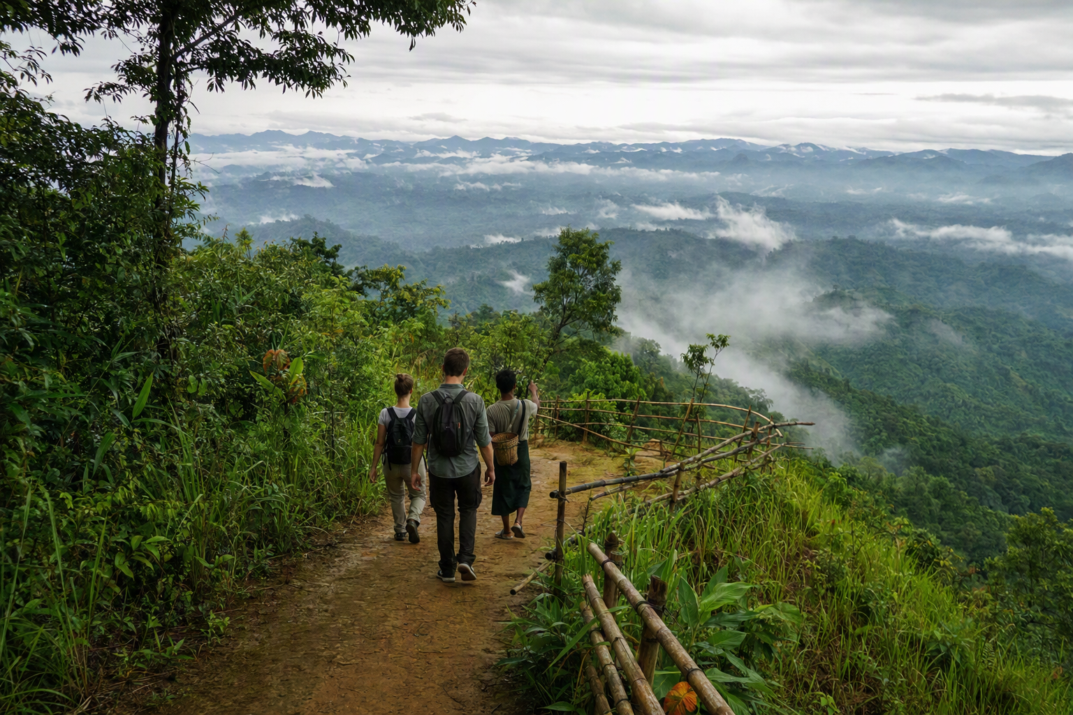 Hikers walking a misty forest ridge in the Khagrachari hill landscape
