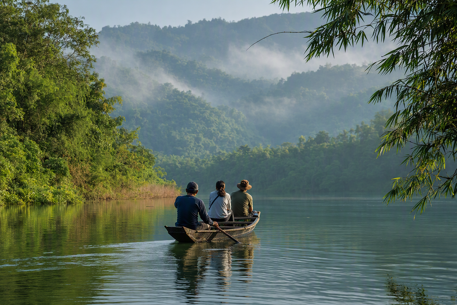 A small boat moving through calm water beneath green hills