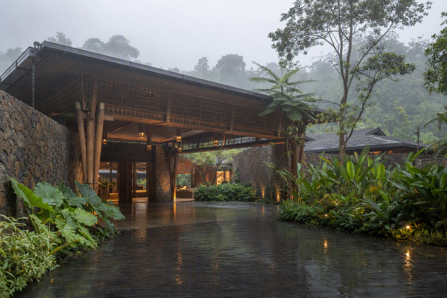 Concept visualization of terraced resort buildings set gently within a misty hillside