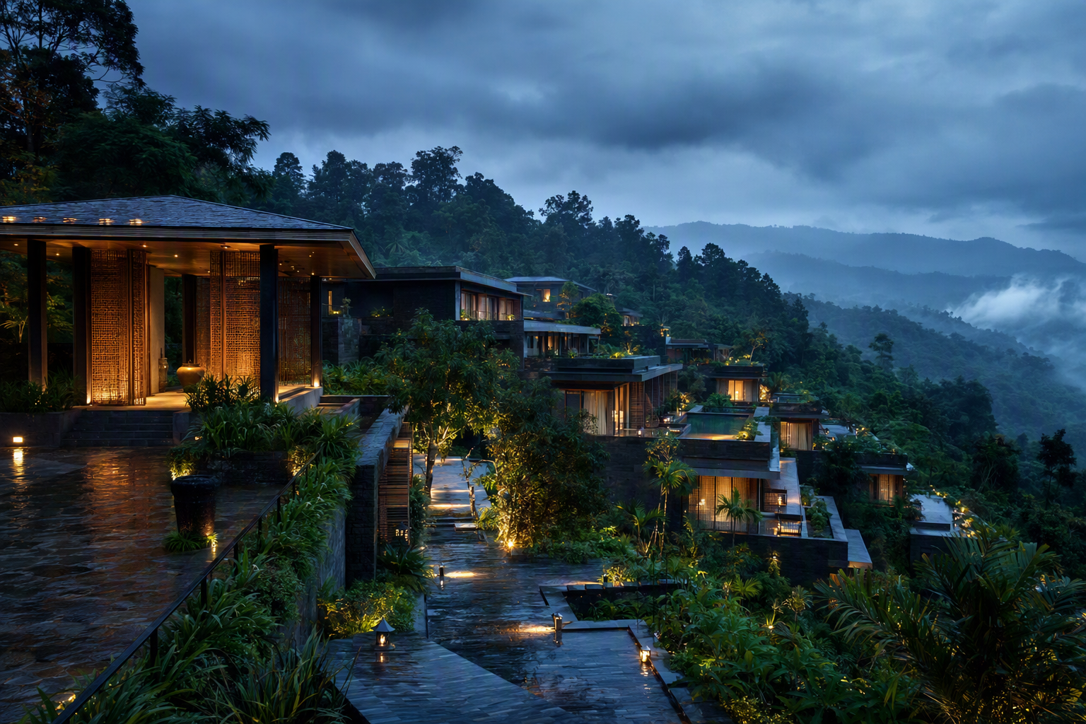 Architectural visualization of a warm contemporary hill resort emerging through forest mist