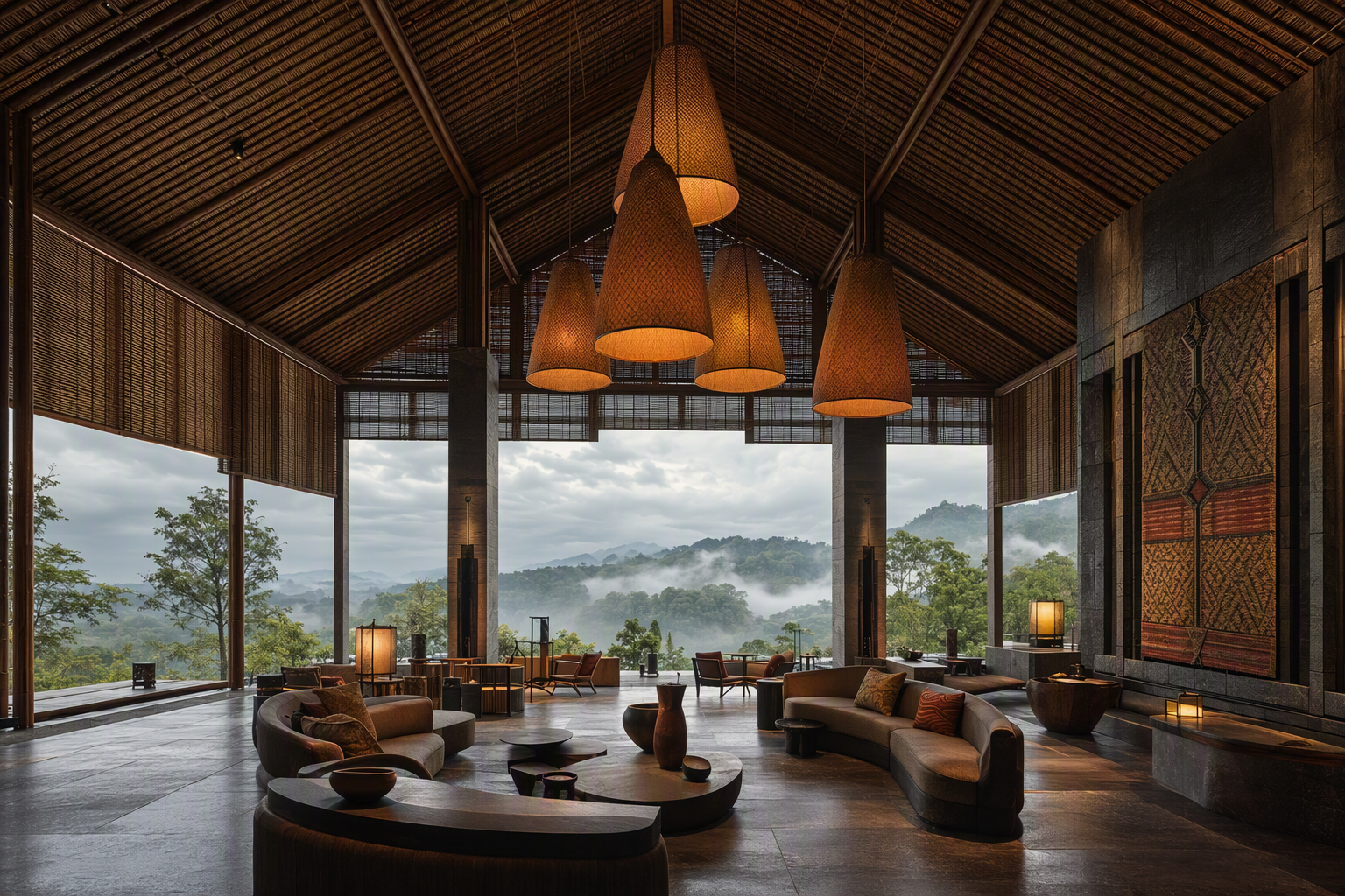 Concept lobby with bamboo screens, stone and warm lantern light