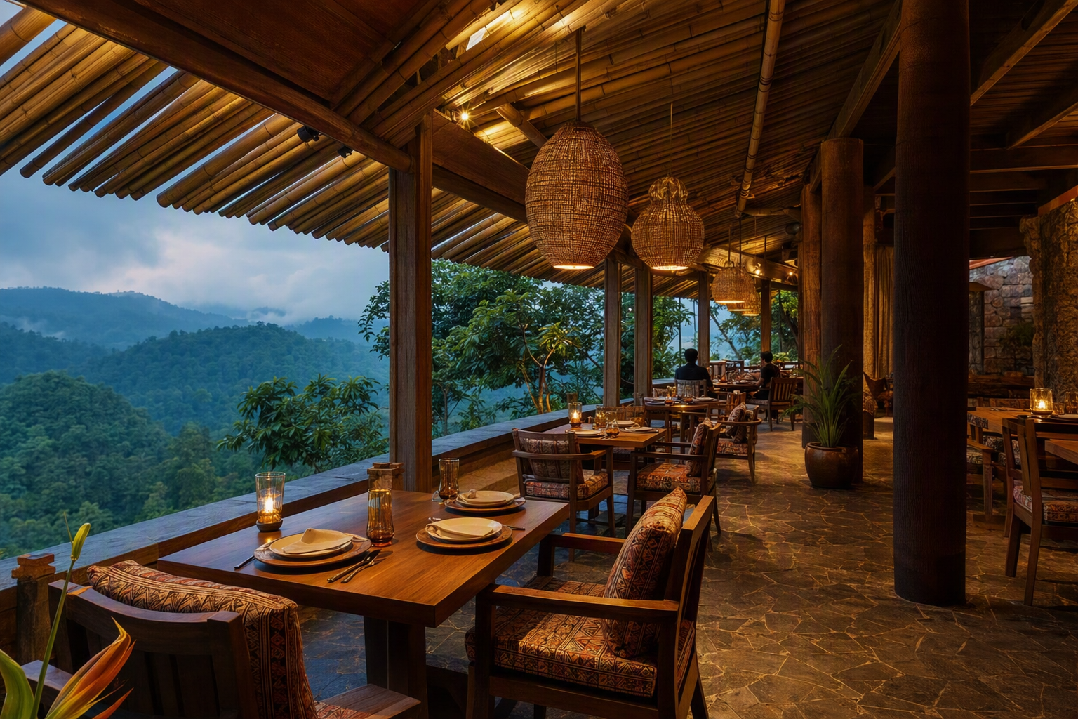 Concept restaurant with stone hearth, bamboo lighting and dusk forest views
