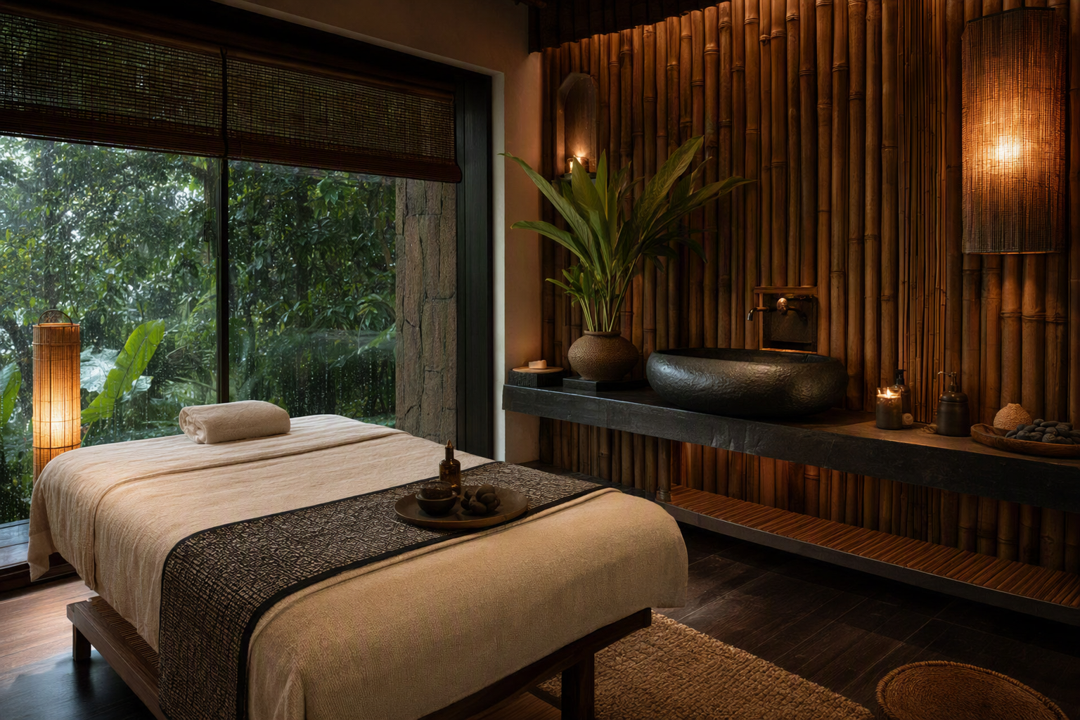 Concept spa treatment room with filtered forest light