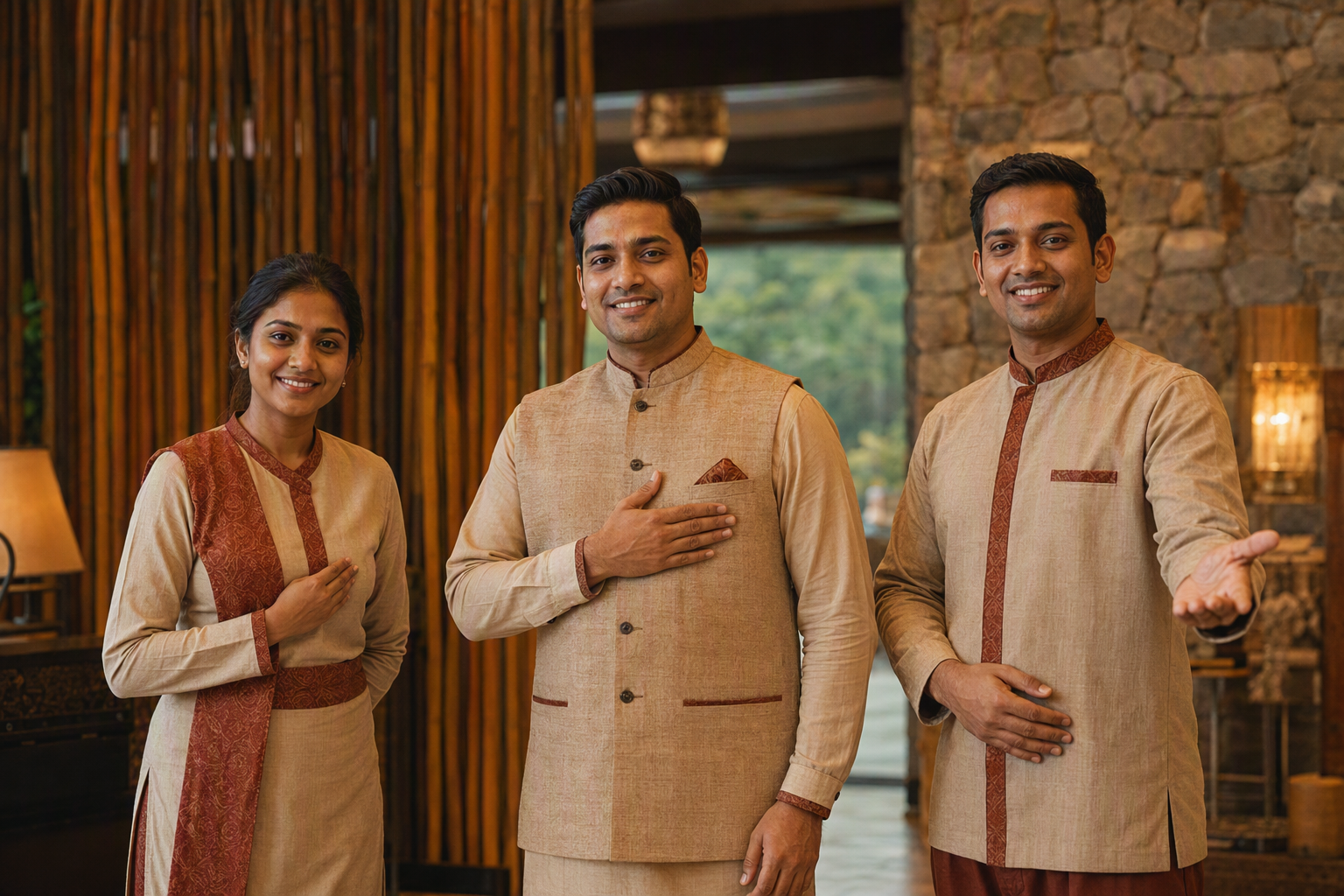 Concept hospitality team offering a warm arrival in a bamboo-lined lobby