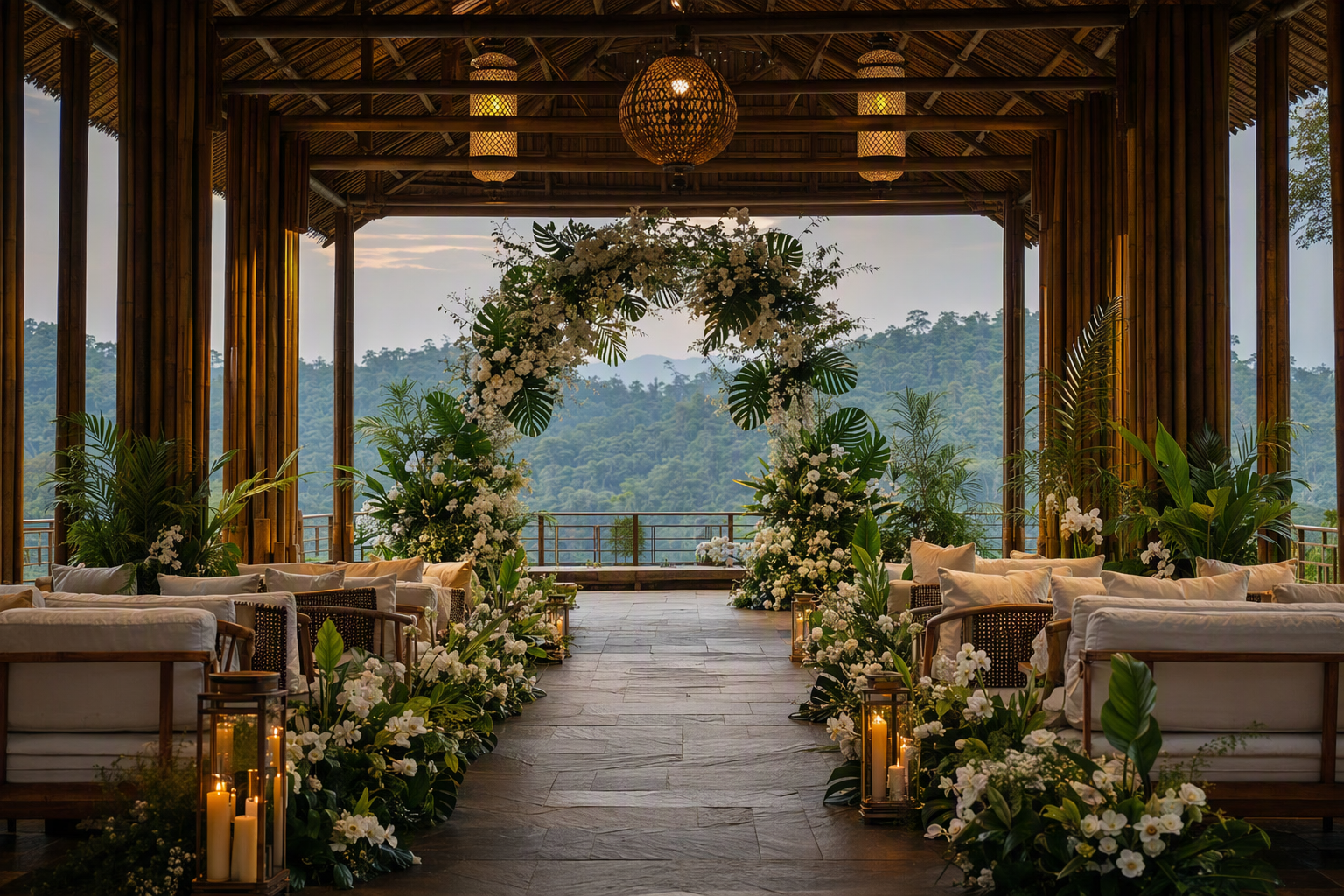 Concept intimate wedding dinner on a lantern-lit hill terrace
